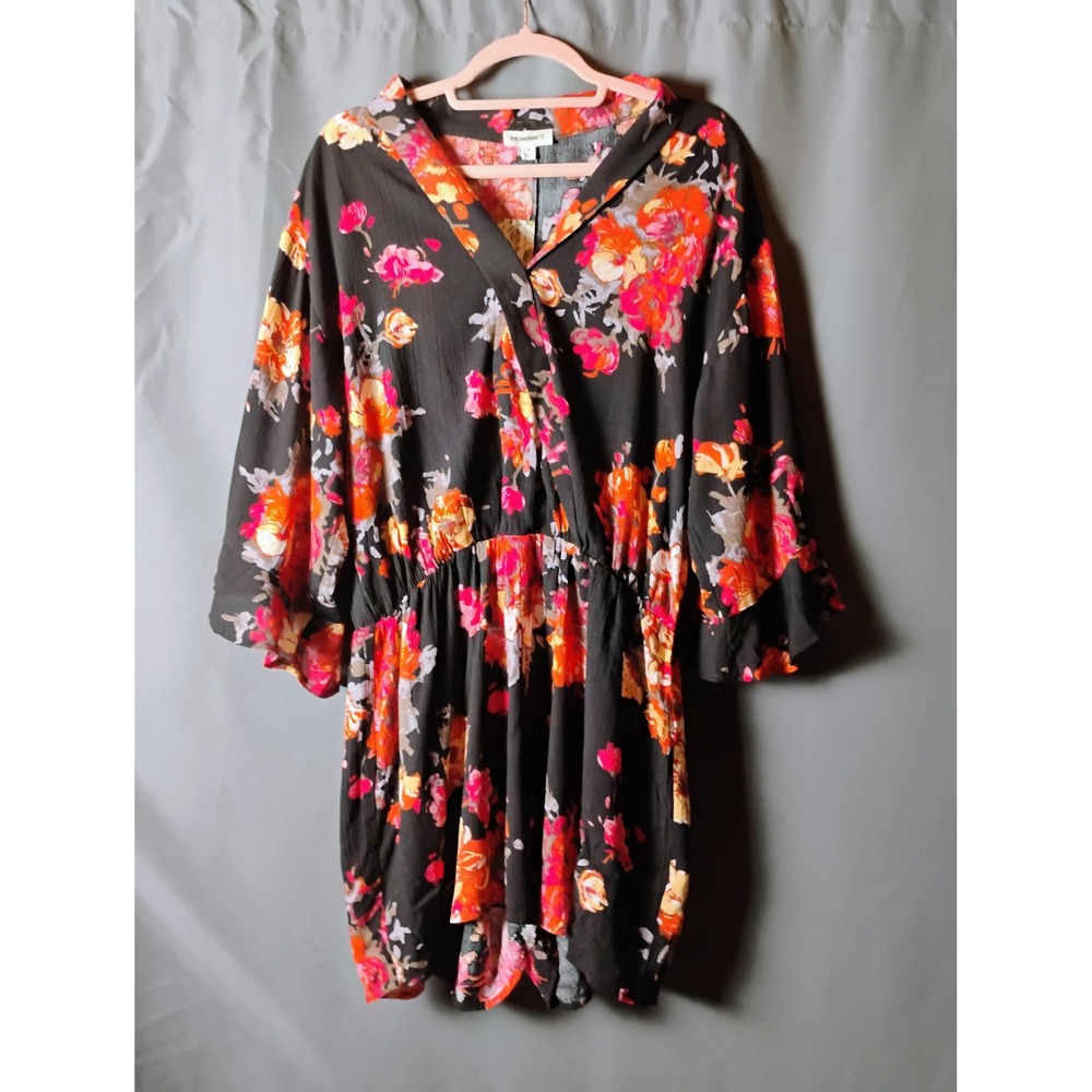 ee:some Floral Print Romper Black Orange Pink Long Sleeve V Neck Size M